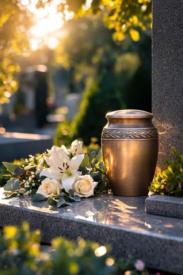 Urn with white roses at a memorial